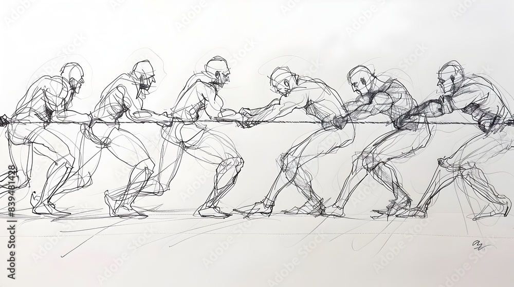 Tug-of-war Team Pulling in Continuous Line Drawing Tug-of-war Team Pulling in Continuous Line Drawing
