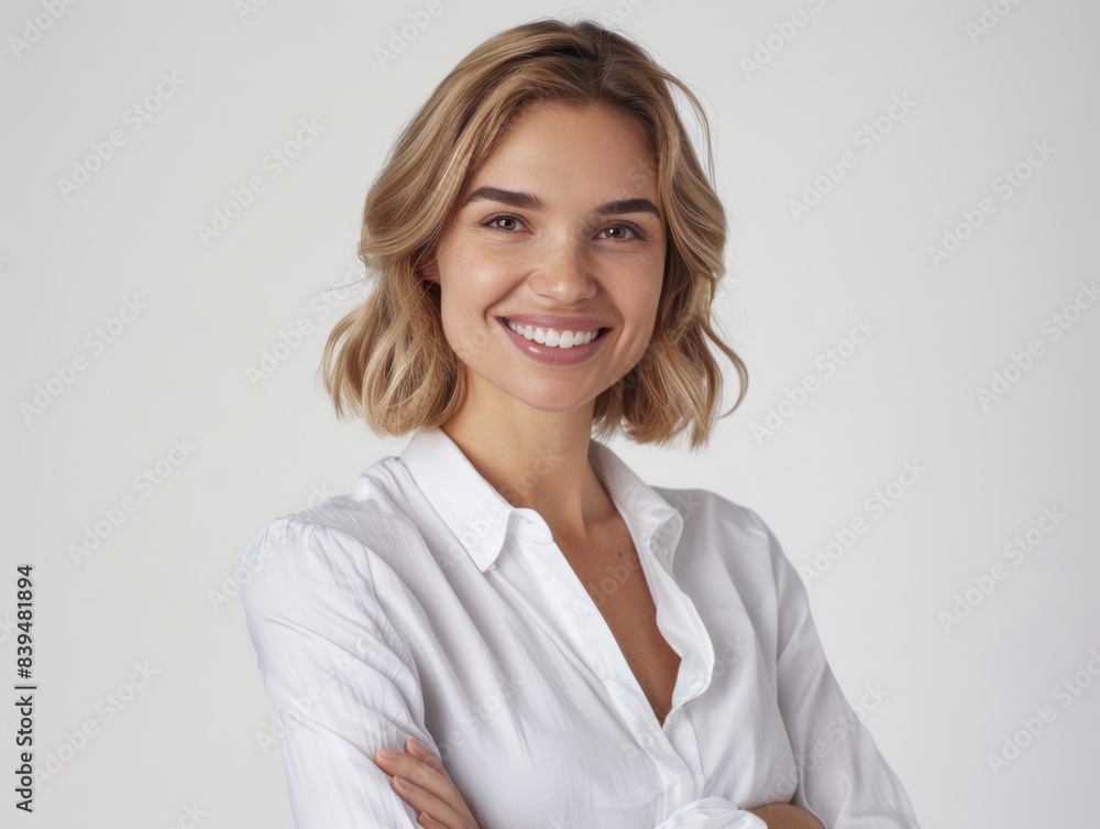 Beautiful, confident blonde woman wears white clothes and smiles on a grey background. Copyspace. Businesswoman. Company employee. Beautiful, confident blonde woman wears white clothes and smiles on a grey background. Copyspace. Businesswoman. Company employee.