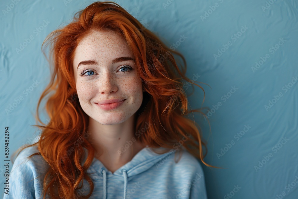 Redhead woman blue hoodie freckles Redhead woman blue hoodie freckles