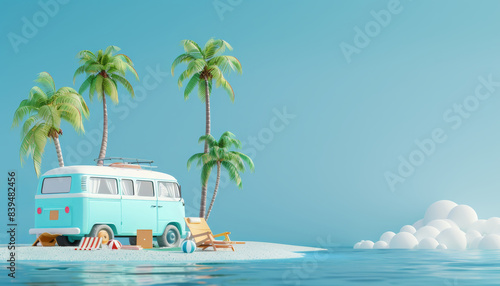 3D rendering of a cartoon travel bus on the beach with palm trees. Concept of summer vacation and fun by AI generated image