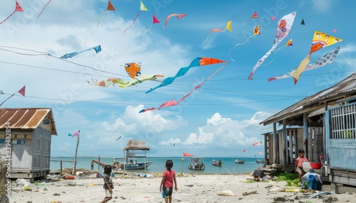 Innocence in the Air: Children of Fishermen Flying Kites on Balikpapan's Village Beach photo