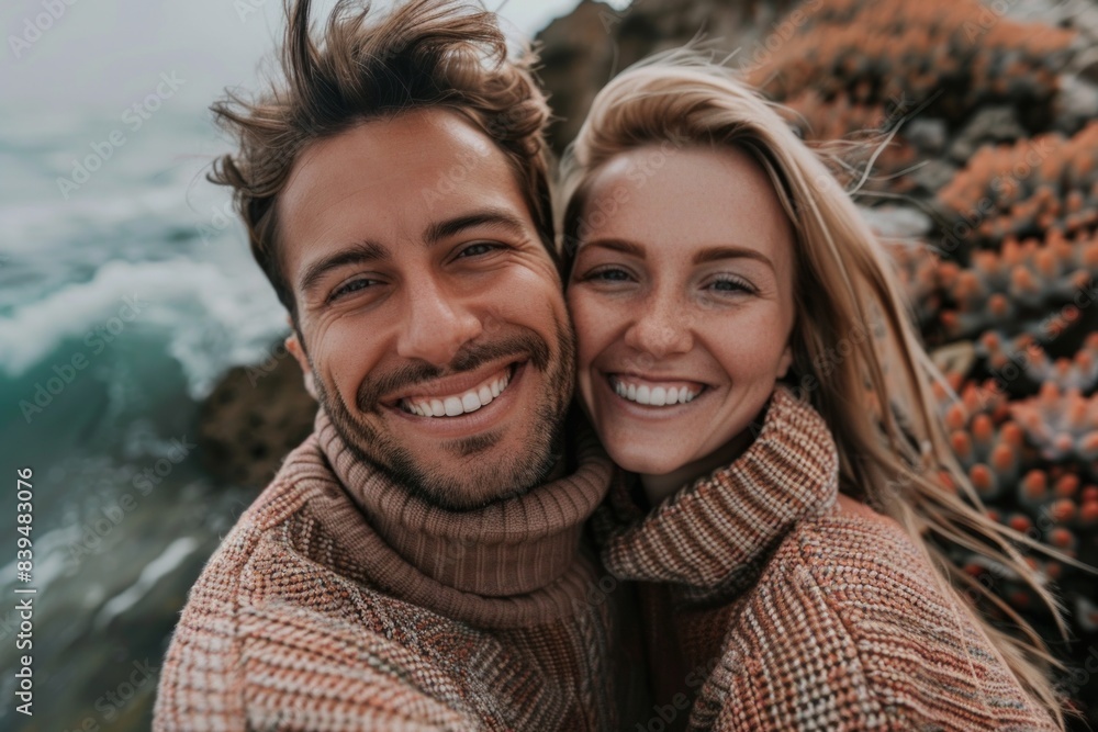 Portrait of a grinning caucasian couple in their 20s wearing a classic turtleneck sweater while standing against stunning ocean reef Portrait of a grinning caucasian couple in their 20s wearing a classic turtleneck sweater while standing against stunning ocean reef