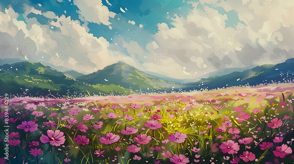 Obraz premium Vibrant Floral Meadow with Mountains and Cloudy Sky in Scenic Landscape