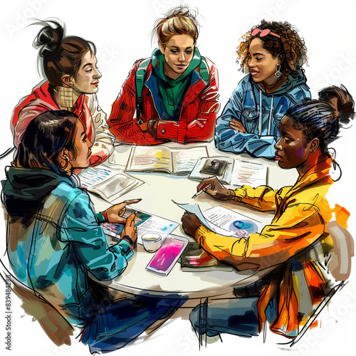 Illustration of a diverse group of students sitting around a table, engaging in collaborative study and discussion, showcasing teamwork and learning.