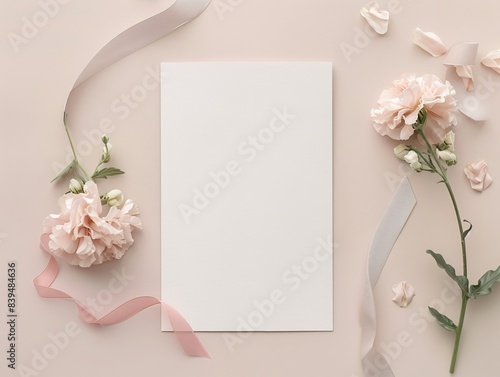 Mockup for wedding invitation with flowers, pink accents, ribbon and bow. Wedding invitation with flowers and ribbon on a light pink background.