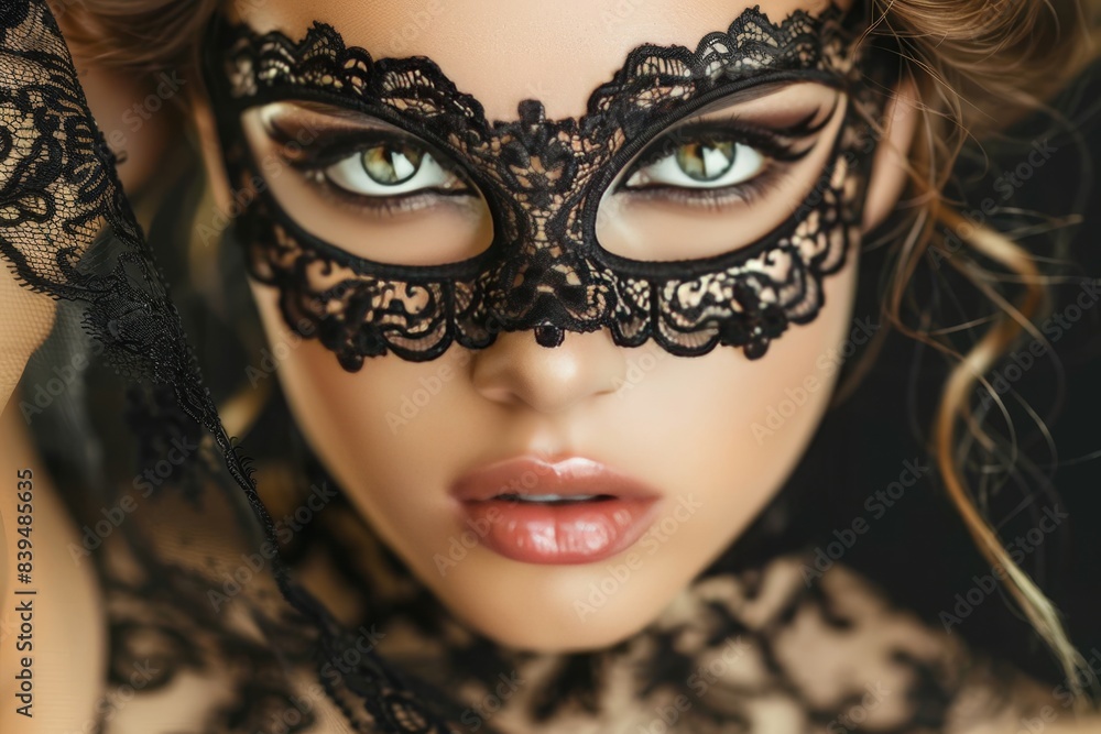 Close up portrait of mysterious young woman in black lace mask on dark background Close up portrait of mysterious young woman in black lace mask on dark background