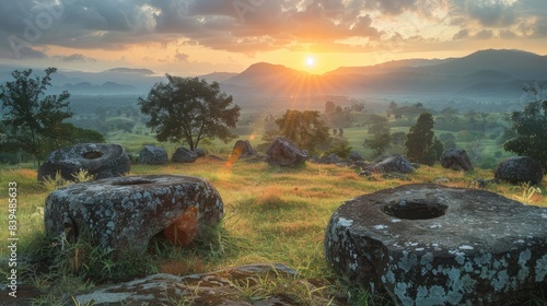 A breathtaking sunrise illuminates a grassy plain dotted with ancient stone jars, set against a backdrop of rolling hills. photo