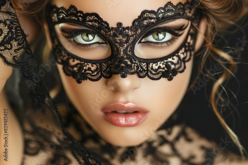 Close up portrait of mysterious young woman in black lace mask on dark background