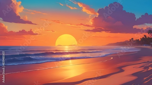 sunset beach scene, high quality, color art Geneative AI