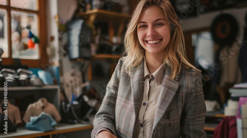 Young blonde woman tailor smiling confident measuring jacket at tailor shop 