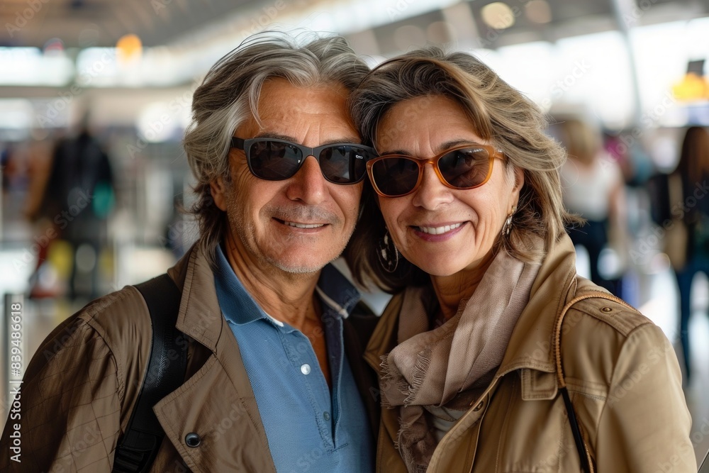 Portrait of a content couple in their 60s wearing a trendy sunglasses on busy airport terminal