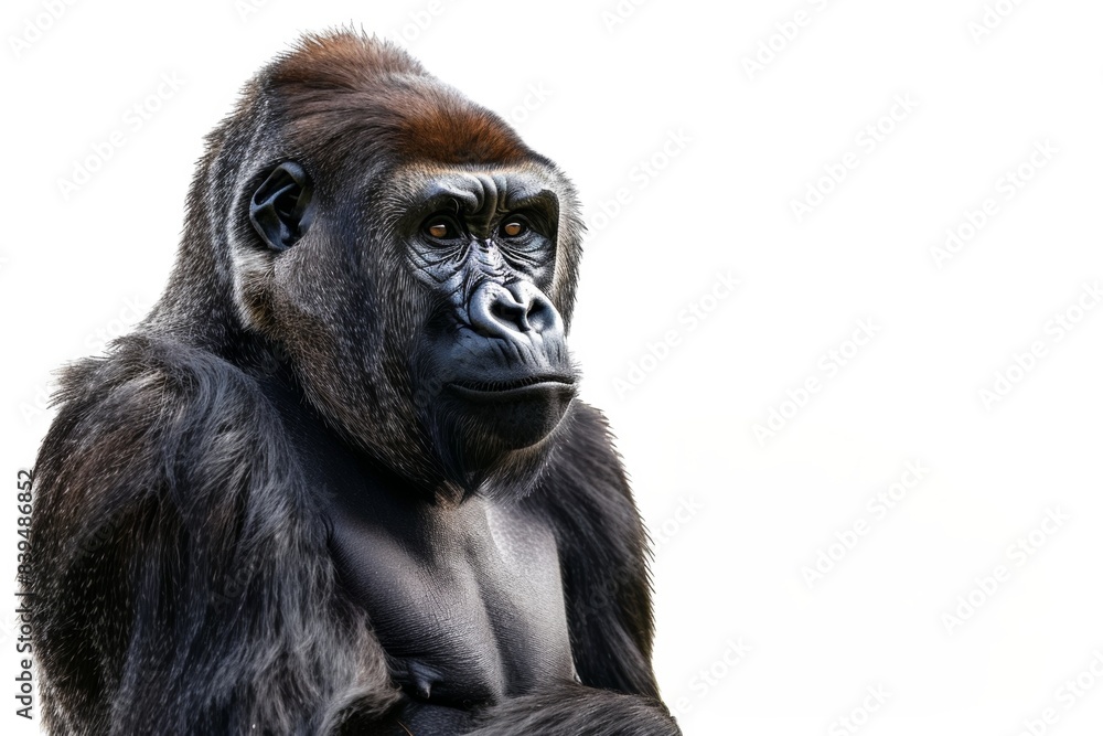 Gorilla on a white background. Primates, smart look.