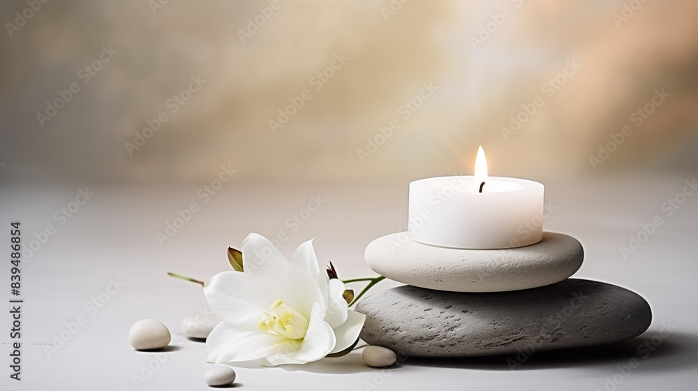 Spa Background: Spa Stone, Scented Candle, and Flowers.