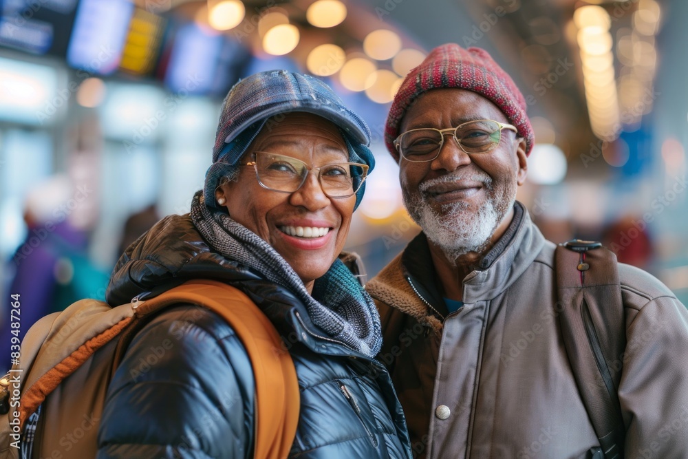 Portrait of a satisfied multicultural couple in their 70s wearing a windproof softshell on busy airport terminal Portrait of a satisfied multicultural couple in their 70s wearing a windproof softshell on busy airport terminal
