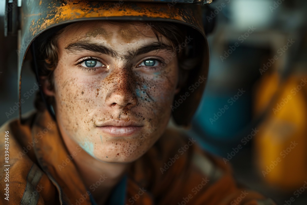 Man in helmet and jacket with dirt Man in helmet and jacket with dirt