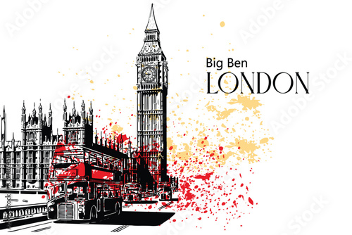 London Landmark. Landscape of London. Big Ben Tower. Vector Hand-drawn Sketch Illustration