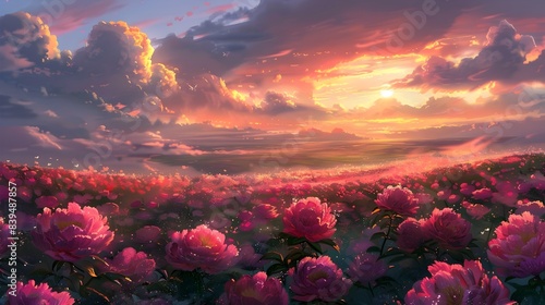 Vibrant Sunset Landscape with Blooming Floral Field