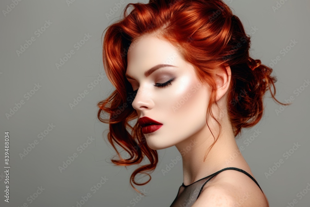 Fototapeta premium A woman with red hair wears black stylish clothes on a gray background. Fashion and beauty. Hairstyle and hair coloring.