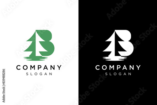 letter B and green spruce tree