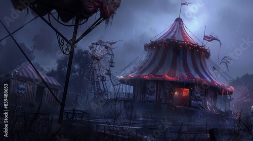 Eerie abandoned circus at dusk, with a glowing red tent, spooky Ferris wheel, and dramatic lighting enhancing the haunting atmosphere.