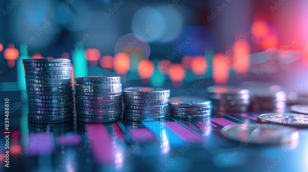 Coins stacked high with an upward trending stock market graph, representing investment growth and economic success Coins stacked high with an upward trending stock market graph, representing investment growth and economic success
