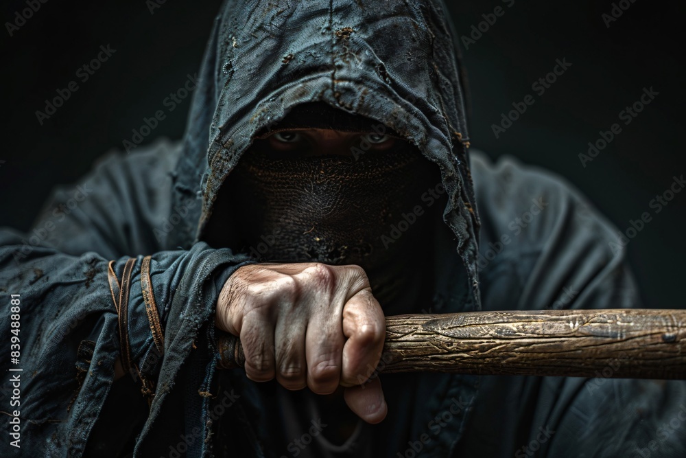 Person in black hood and mask with baseball bat Person in black hood and mask with baseball bat