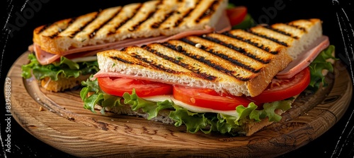 Grilled pressed toast with smoked ham  cheese  tomato  and lettuce on wooden board