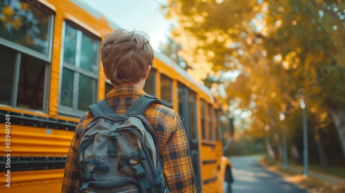 Boy in a yellow plaid shirt with a backpack getting on a school bus. Back view, blurred background, copy space concept.