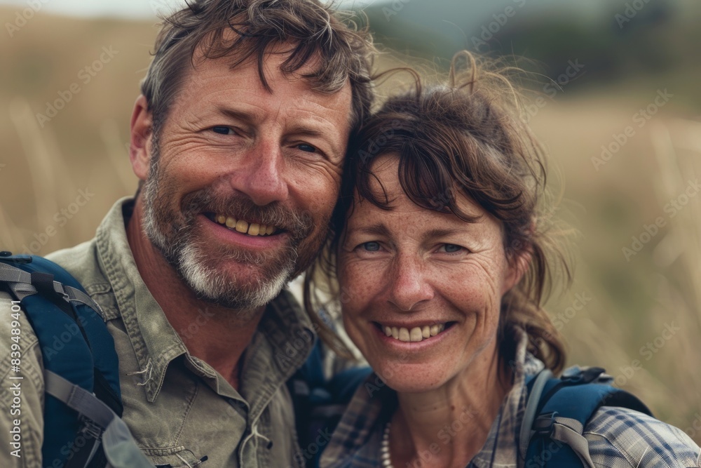 Portrait of a smiling caucasian couple in their 40s sporting a breathable hiking shirt on quiet countryside landscape Portrait of a smiling caucasian couple in their 40s sporting a breathable hiking shirt on quiet countryside landscape