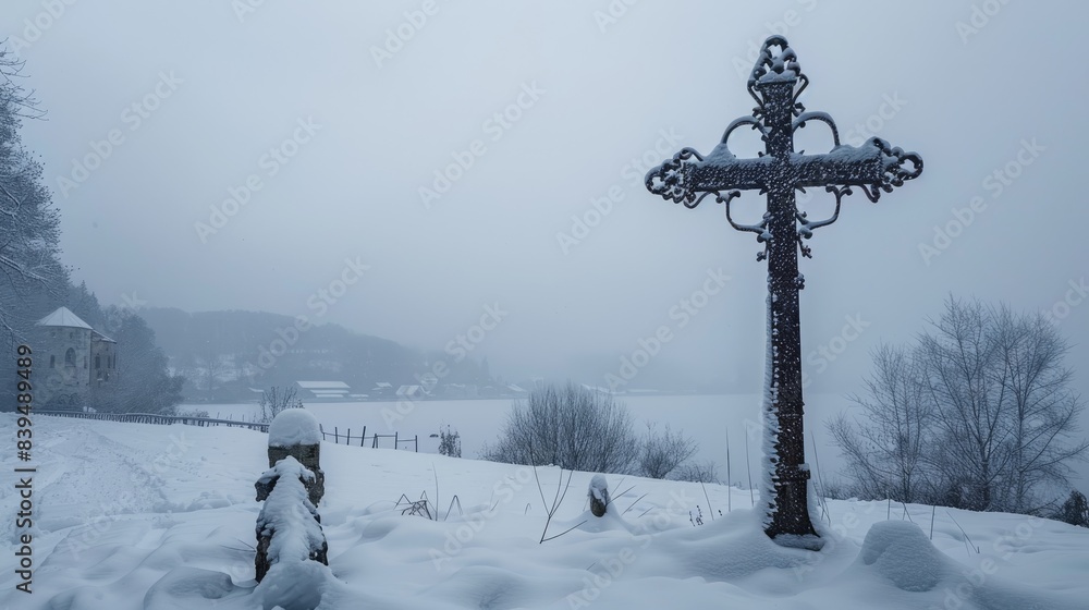 Cross of Christ made of wrought iron, standing in a quiet, snow-covered landscape, symbolizing purity and redemption Cross of Christ made of wrought iron, standing in a quiet, snow-covered landscape, symbolizing purity and redemption