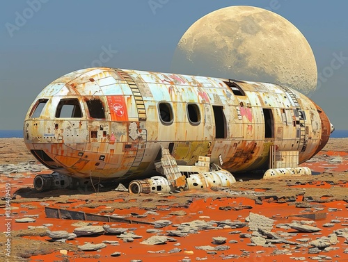 Panoramic view of a desolate alien planet, large moon in the background, broken spaceship wreckage on the rocky terrain, dramatic lighting, photorealistic, digital painting photo