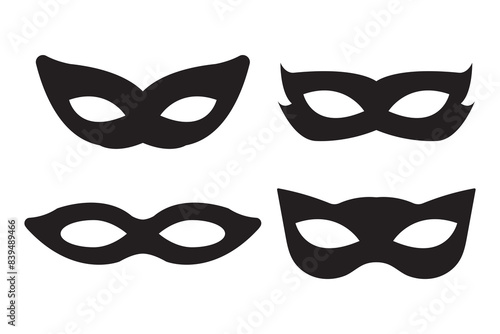 Mask superhero or carnival villain vector icon set. Black masquerade costume eye mask silhouette hidden person face. Simple design incognito party masque shape clip art illustration.