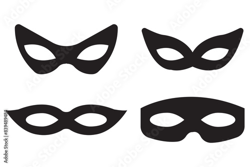 Mask superhero carnival villain or burglar vector icon set. Collection of Black outline flat masquerade costume eye mask silhouette hidden face. Incognito theatre party masque shape clip art. 