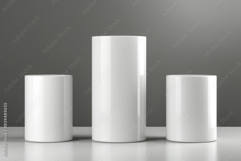 3d rendering of three white cylinders on a white surface with a grey background 3d rendering of three white cylinders on a white surface with a grey background