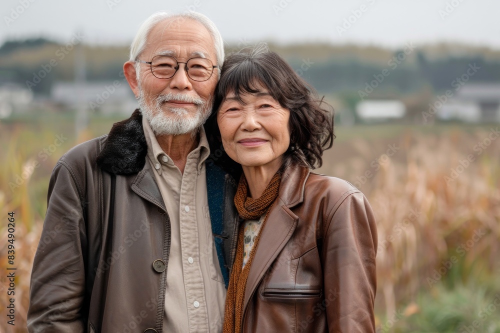 Portrait of a tender asian couple in their 60s sporting a stylish leather blazer in quiet countryside landscape