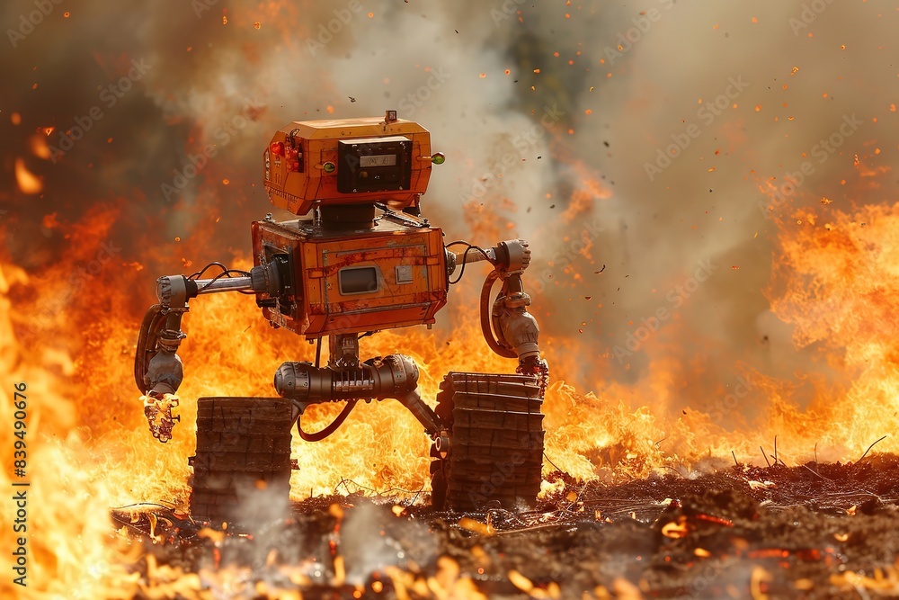A robot navigates through intense flames, evoking a sense of resilience. A robot navigates through intense flames, evoking a sense of resilience.