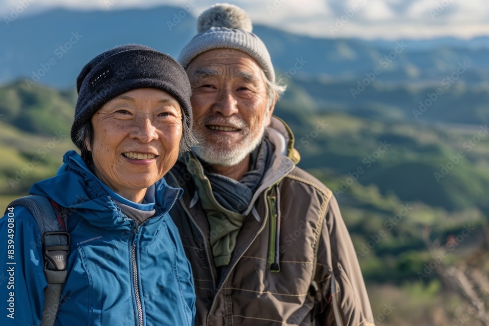 Portrait of a smiling asian couple in their 60s sporting a trendy beanie while standing against quiet countryside landscape Portrait of a smiling asian couple in their 60s sporting a trendy beanie while standing against quiet countryside landscape