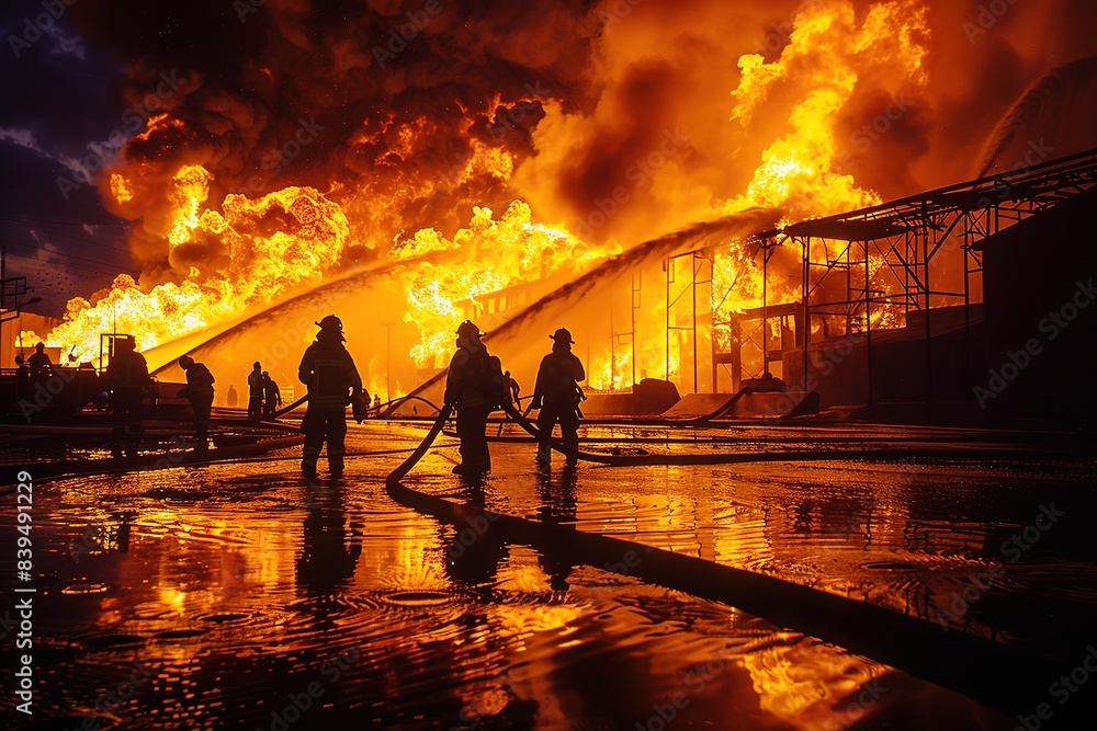 Firefighters battle a massive blaze at night, with flames engulfing a structure.