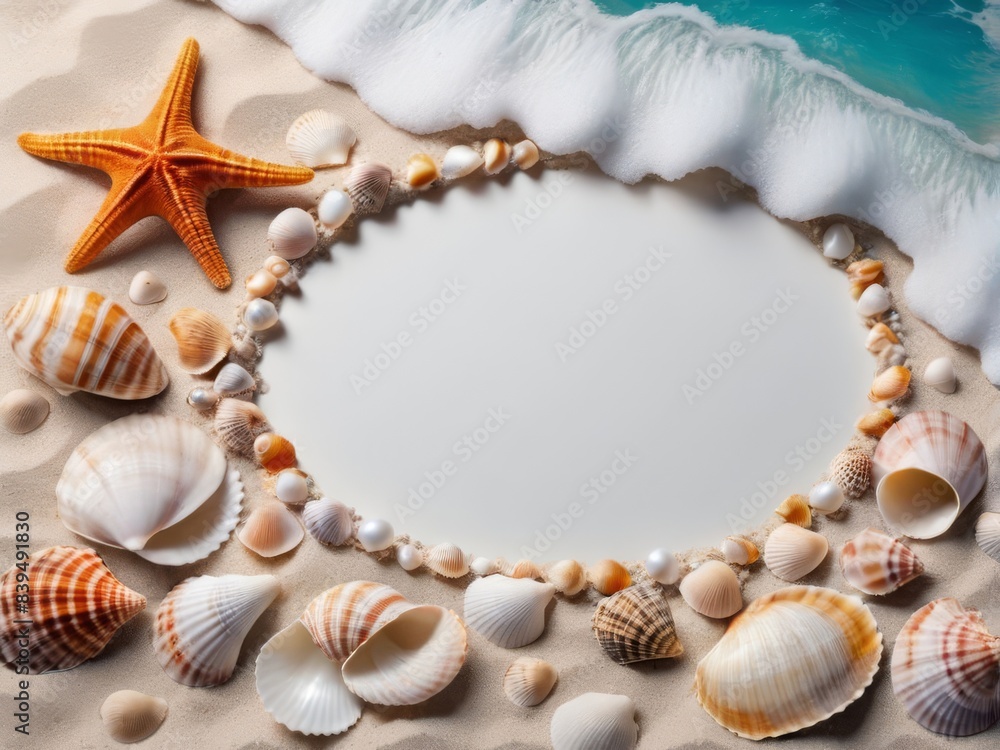 Frame of sea shells on sand with free space for text in the center.
Postcard, background, banner, advertisement, flyer, letterhead, design Frame of sea shells on sand with free space for text in the center.
Postcard, background, banner, advertisement, flyer, letterhead, design