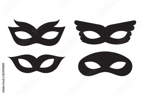 Mask superhero carnival villain or burgar vector icon set. Black masquerade costume eye mask silhouette hidden person face. Simple design incognito party masque shape template illustration.