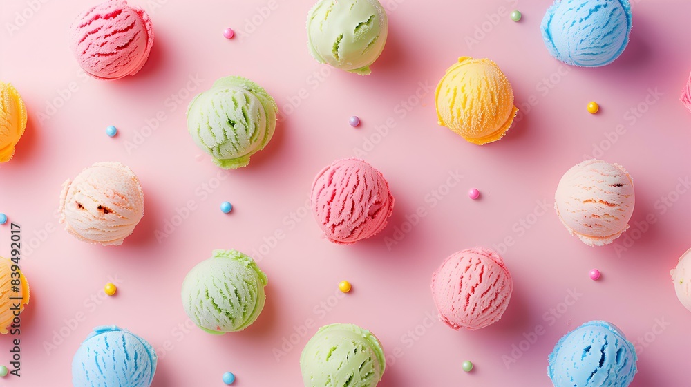 Scoops of different flavors of ice cream on a pink background Scoops of different flavors of ice cream on a pink background