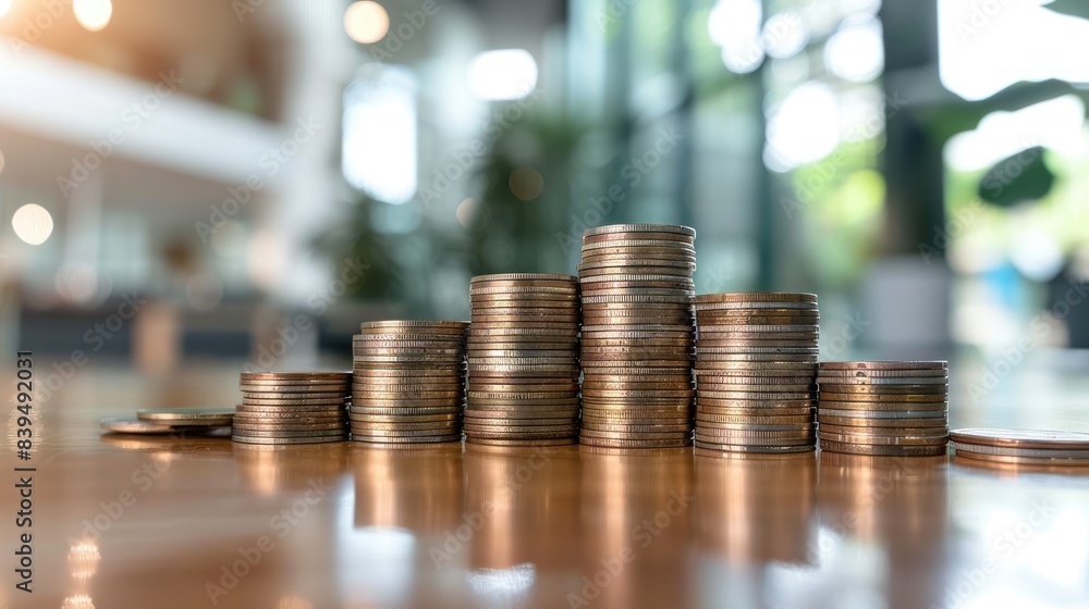 Growing stack of coins with a modern office background, symbolizing corporate financial growth and success