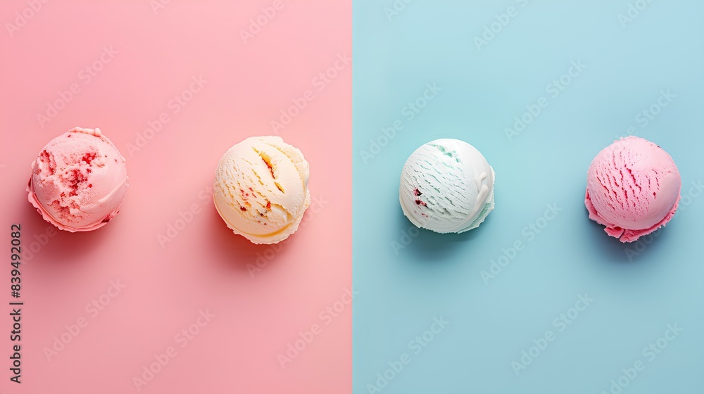 Scoops of different flavors of ice cream on a pink background Scoops of different flavors of ice cream on a pink background