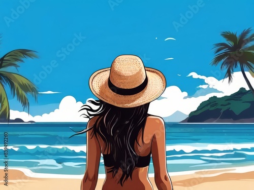 Tanned young woman in swimsuit on the background of the sea, vector image.Postcard, background, banner, advertisement, flyer, letterhead, design