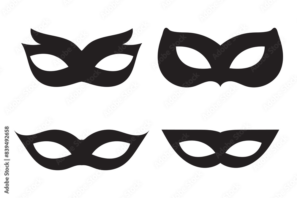 Superhero or thief mask with eye slits vector black icon set. Masquerade costume mask silhouette hidden villain or burgar face. Simple design carnival incognito party masque clip art illustration. Superhero or thief mask with eye slits vector black icon set. Masquerade costume mask silhouette hidden villain or burgar face. Simple design carnival incognito party masque clip art illustration.