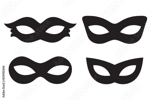 Superhero or thief mask with eye slits vector black icon set. Masquerade costume mask silhouette hidden villain or burgar face. Simple design carnival incognito party masque clip art illustration. 