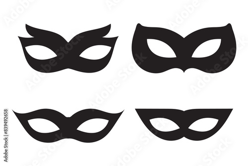 Superhero or thief mask with eye slits vector black icon set. Masquerade costume mask silhouette hidden villain or burgar face. Simple design carnival incognito party masque clip art illustration. 