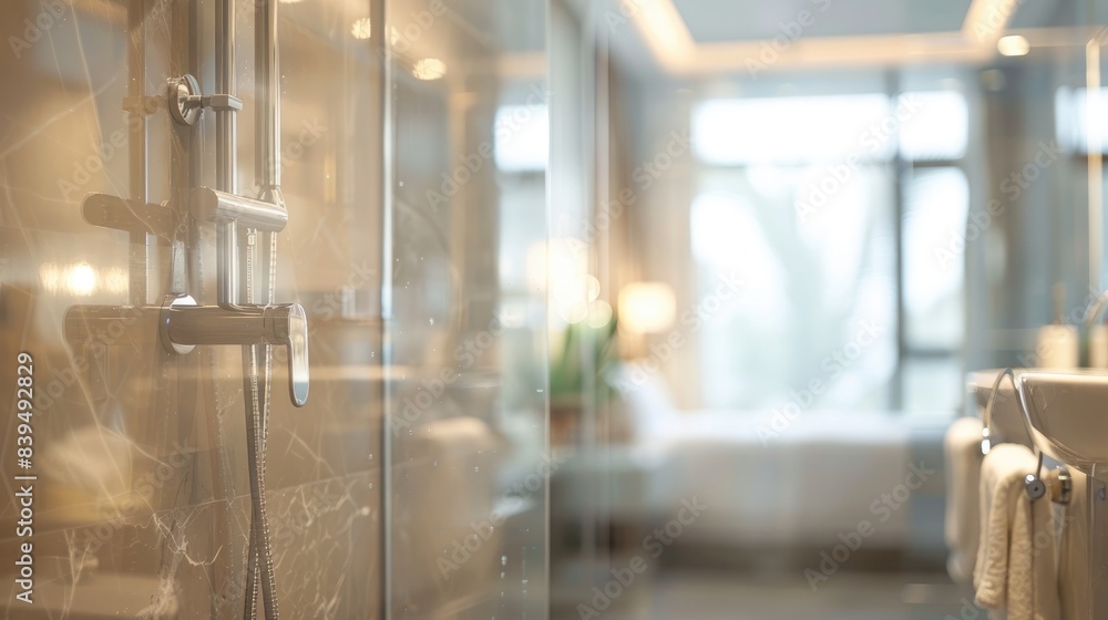 Out-of-focus shot of a modern bathroom featuring a glass shower and elegant fixtures Out-of-focus shot of a modern bathroom featuring a glass shower and elegant fixtures