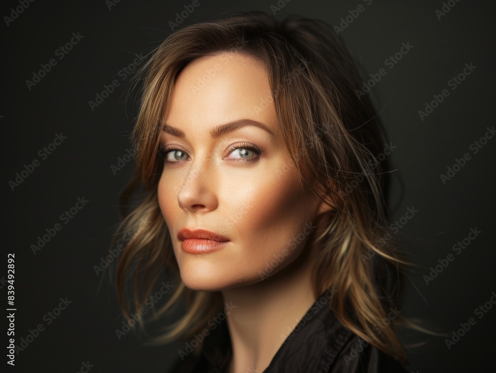 Fototapeta premium Brunette woman on a gray background. Feminine beauty