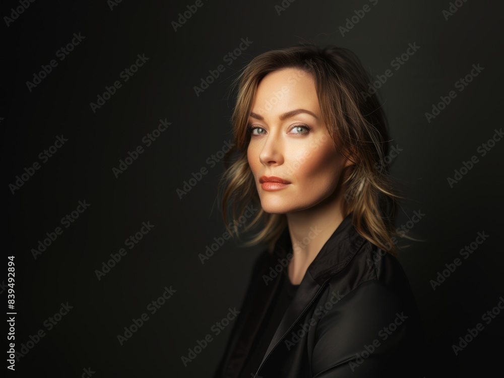 Beautiful middle-aged blonde woman on a gray background wears black clothes. Beautiful middle-aged blonde woman on a gray background wears black clothes.